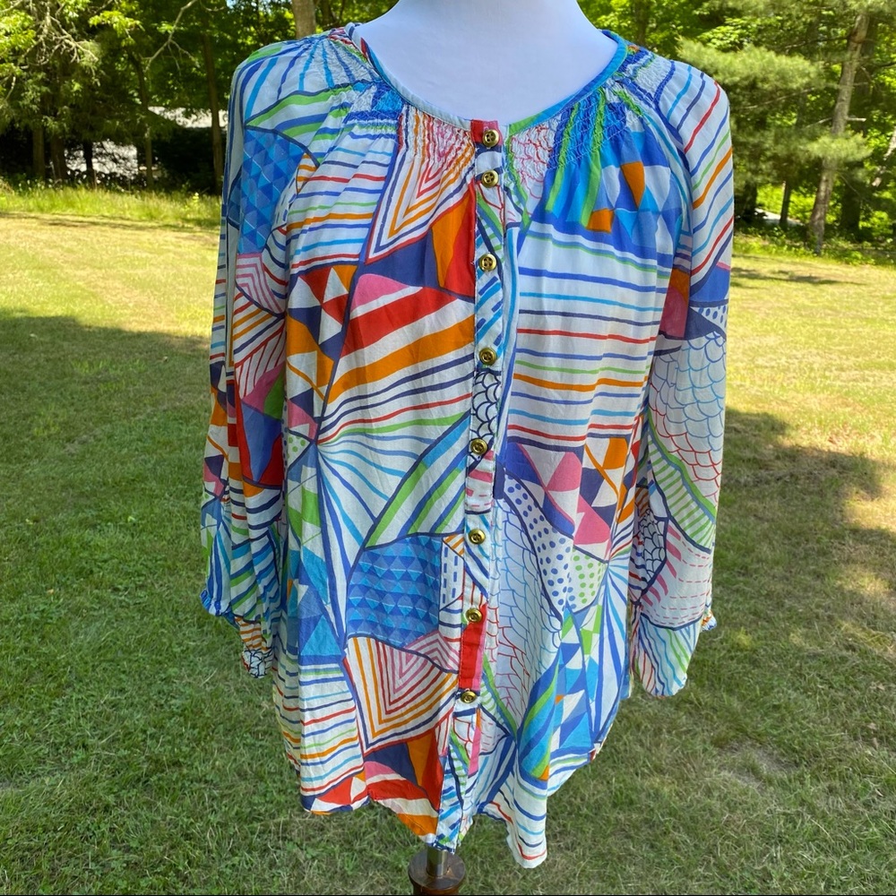 LIZA BYRD TOP BLOUSE WHITE MULTI COLOR BUTTON FRONT 3/4 SLEEVE SMOCK NECK SIZE M